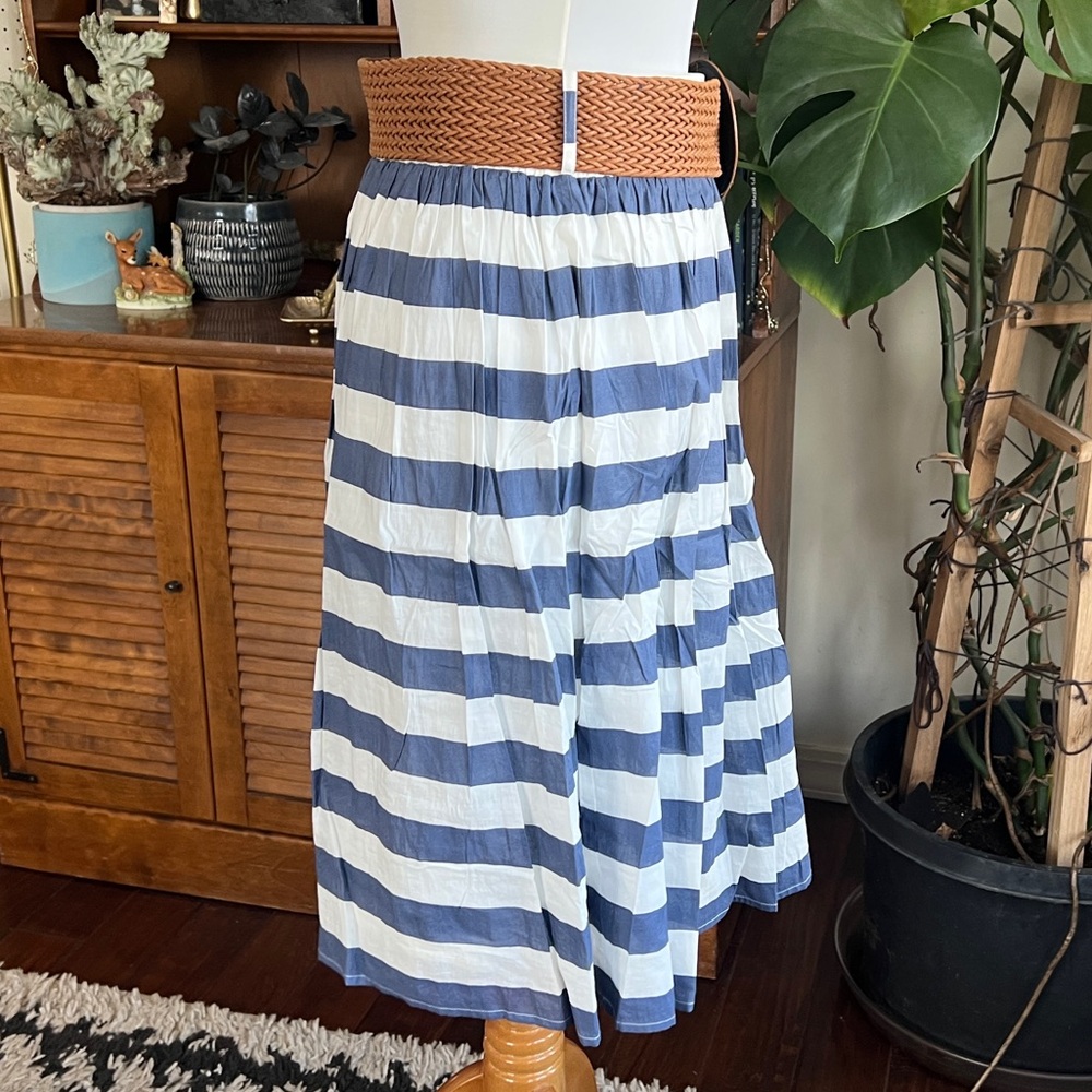 *Remain Knee Length Striped Blue & White Skirt with Brown Woven Wide Belt S - Picture 8 of 11